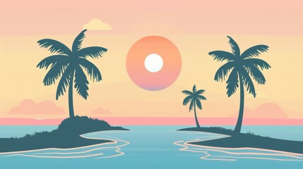 Wall Mural - Tropical sunset coastline. Idyllic island with palm trees against a colorful sunset.