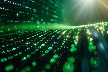 Green dark binary code data streaming background created with Generative AI