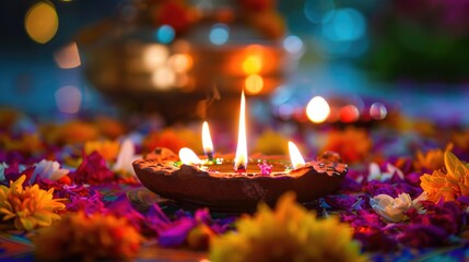 Diwali Celebration with Lit Diyas and Flower Petals