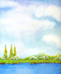 Sticker - Watercolor landscape. White clouds on blue sky over lake