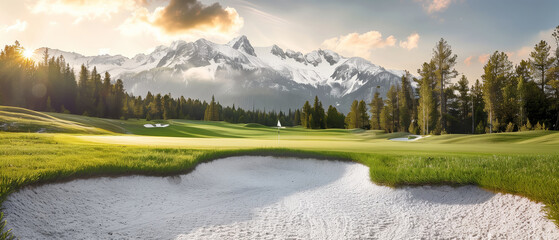 Scenic mountain golf course with snow-capped peaks, lush greenery, and sand bunker under a dramatic sky.