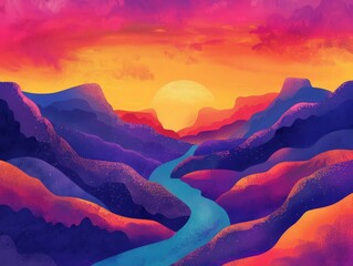 Wall Mural - Colorful Sunset Over Mountains and River