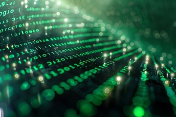 Green dark binary code data streaming background created with Generative AI