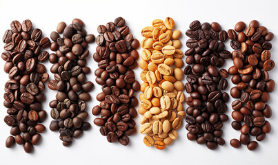 Coffee beans. coffee beans showing various stages of roasting from green beans through to Italian roast. Coffee concept