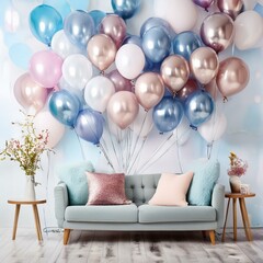 Poster - sofa a balloons  wall, party, celebration, birthday, decoration Ai generative 