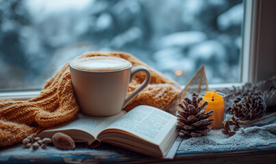 A cup of coffee on the window with a winter landscape. Winter window. Open book, blanket, coffee with cinnamon on the window. Cozy winter interior.