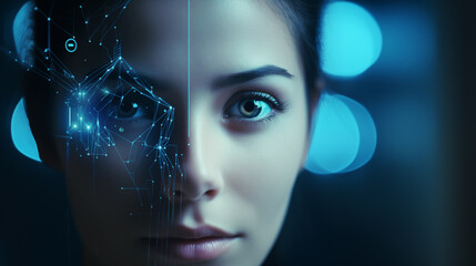 The woman's face is surrounded by a digital grid, biometrics, face control. Woman's face on computer screen with blue background