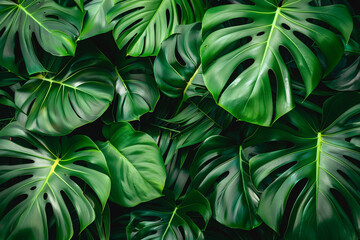 Wall Mural - close up of large green leaves against a tropical rainforest background in a top view with a dark to