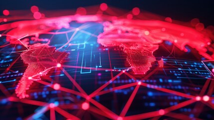 Futuristic digital world map with red network connections and data visualization. Technology, global communication, and cybersecurity concept.