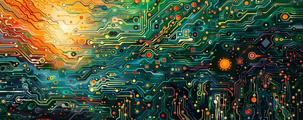 Wall Mural - A Van Gogh-inspired painting of a circuit board, its intricate patterns and vibrant colors conveying the beauty of technology.