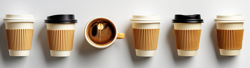 Wall Mural - Mockup of a paper cup of coffee, on a light brown background. coffee mockup. Coffee beans fly out of a glass of coffee to go