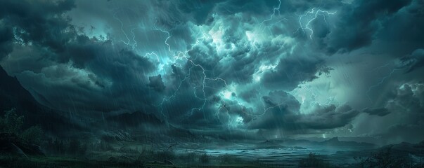 Wall Mural - A powerful thunderstorm with lightning illuminating the sky.