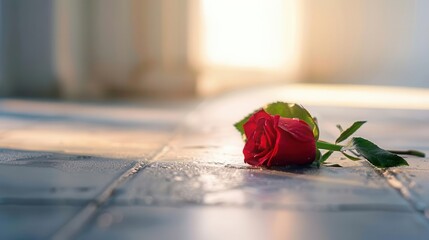 a single red rose lies on a tiled floor, bathed in soft sunlight, symbolizing love, romance, and bea