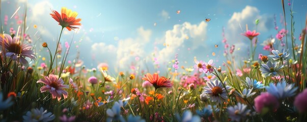 Wall Mural - A tranquil meadow filled with wildflowers, where butterflies flit and bees buzz among the fragrant blossoms.