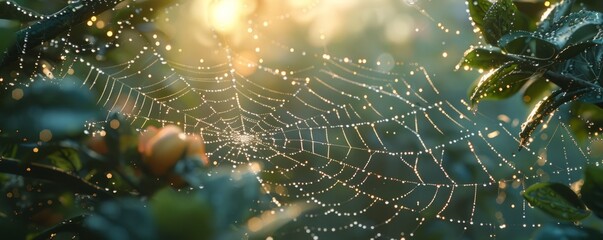 A photorealistic image of a spider's web glistening with morning dew.
