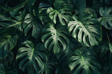 Poster - Close up of large green leaves against a tropical rainforest background in a top view with a dark tone.