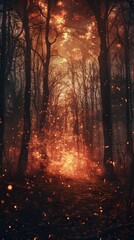Wall Mural - a mystical forest ablaze with enchanting fiery backdrop