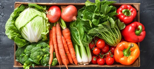 Sticker - Assorted fresh vegetables in a container resting on a lush bed of vibrant green grass