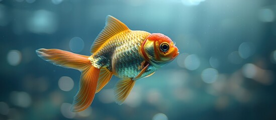 A Golden Fish Swimming in a Blue Tank