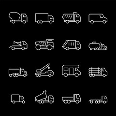 Wall Mural - Trucks, white line icons. Industrial transport vehicles such as truck, van, tractor, dump trucks. logistics and transportation. Symbols on black background. Editable stroke