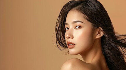 Wall Mural - Stylish Asian woman with long hair, Korean makeup, smooth skin, isolated beige background, beauty and facial treatment