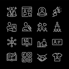 Personal branding, white line icons. Self-promotion, audience engagement, and online presence symbols. Ideal for marketing and social media themes. Symbols on black background. Editable stroke.