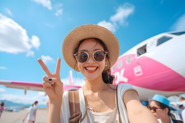 Young woman in hat and sunglasses taking selfie at beach with airplane in background