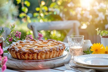 Homemade pie on garden table with flowers