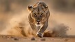 © artsGentor - A powerful lioness sprints through the dusty terrain, showcasing her strength and agility during a high-speed chase in the wild.