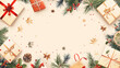 © Vitaliy - Festive banner with top view of Christmas and New Year gifts wrapped in decorative holiday wrapping papers. Copy space. Ideal for holiday-themed designs, greeting cards, and festive promotions.