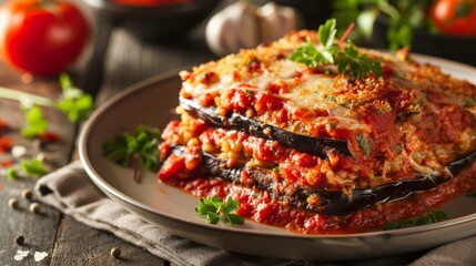 Wall Mural - A delicious eggplant parmesan, with layers of breaded eggplant, marinara sauce, and melted mozzarella.