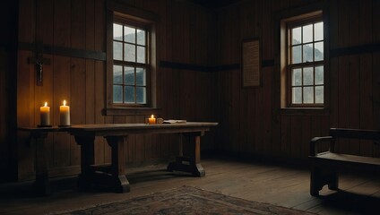 Wall Mural - A quiet prayer room with a single wooden cross hanging on the wall, a kneeling bench, and a small table with an open Bible and a lit candle, creating a space of contemplation and devotion.