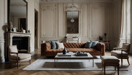 Wall Mural - A chic Parisian apartment with herringbone wood floors, ornate moldings, and a mix of antique and contemporary furniture, all in a soft, neutral palette