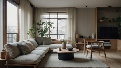 Wall Mural - A serene Japandi-style apartment blending Japanese minimalism with Scandinavian functionality, featuring natural materials, clean lines, and a muted color palette