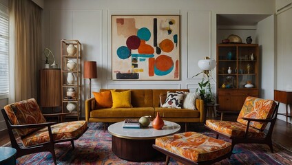 Wall Mural - An eclectic mid-century modern apartment with iconic furniture pieces, bold patterns, and a mix of warm wood tones and bright colors