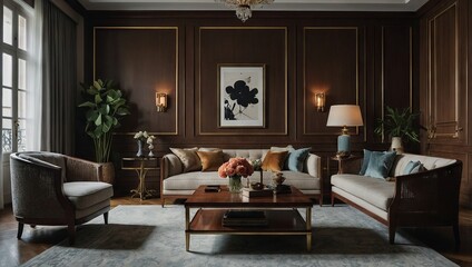 Wall Mural - A sophisticated traditional apartment with classic furniture, rich wood finishes, and elegant fabrics, all in a harmonious and refined color scheme