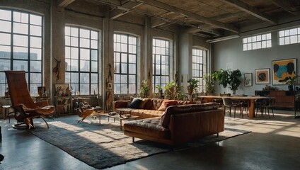 Wall Mural - An artistic loft apartment with high ceilings, large windows, and an open floor plan, filled with unique art pieces and eclectic furniture