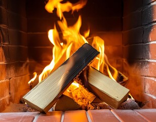 Sticker - Close-up of burning firewood in a fireplace at home.