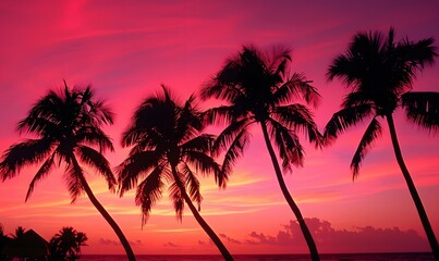 Wall Mural - Pink sky with silhouetted palm trees , Generative AI