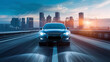 © Genius pixels - Dynamic front view shot of a car on a highway, cinematic style, with a modern cityscape in the background