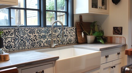 Patterned cement tile backsplash