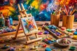 © Sirinporn - Vibrant paint splatters and colorful brushstrokes cover a wooden easel as a miniature paint pallet and tiny art supplies sit surrounded by creative chaos.