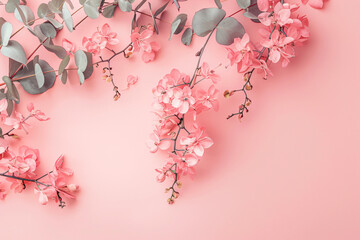 Poster - Flowers composition. pink background with flowers and eucalyptus branches. Flat lay, top view, copy space concept. pastel color