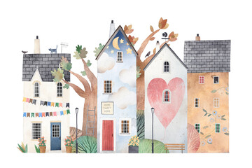 Cute seamless pattern old town. Watercolor illustration. Children's horizontal poster.