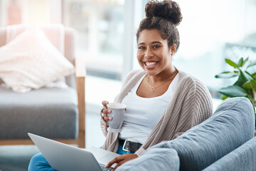 Woman ,laptop and relaxing on portrait on sofa, browsing and internet for social media in living room. Communication, online shopping and website or happy customer in house, smile and tech on couch