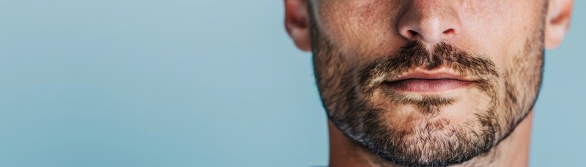 Close-up of a man's lower face with a well-groomed beard showing a confident expression and light blue background.