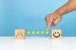 © sichon - Service rating, satisfaction and positive feedback concept. Customer choose five star slide bar with smile face emoticon indicates satisfaction for the rating