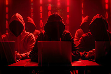 cybersecurity threat, anonymous hackers, and digital crime in red background