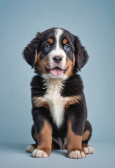 Wall Mural - Close up portrait of a bernese mountain dog puppy on a completely light blue background