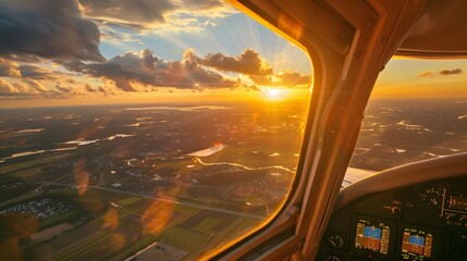 Breathtaking view of town and cloudless sundown sky behind window of aircraft during flight. 